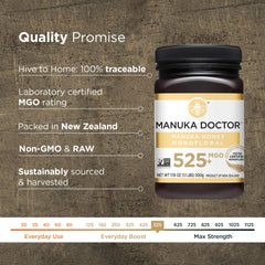Manuka Doctor monofloral MGO525 bottle shows premium, single-source honey.