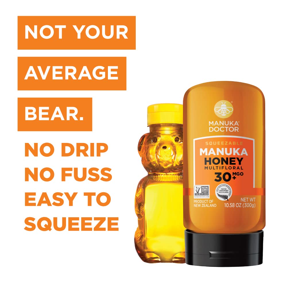 Manuka Doctor New Zealand honey label close-up showing origin and purity