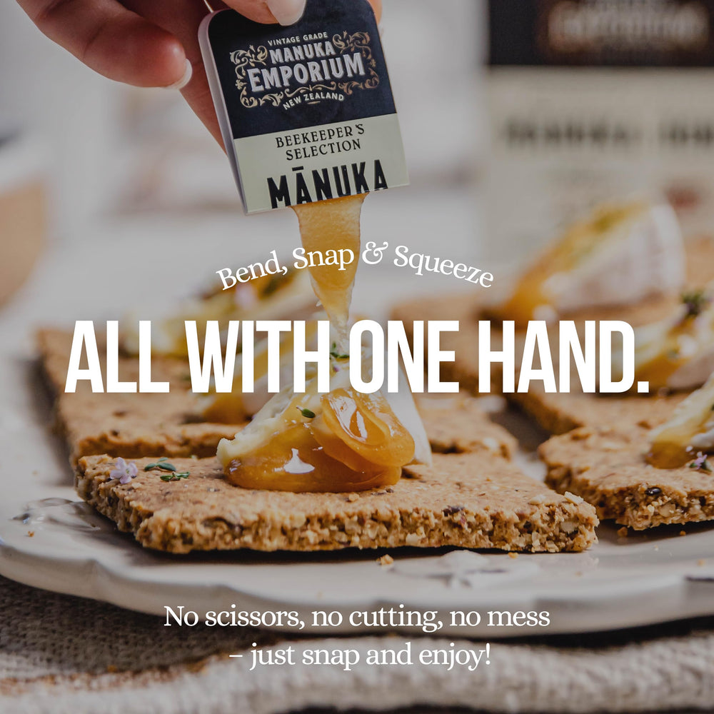 Manuka Emporium amber-gold honey for adding flavor to tea.