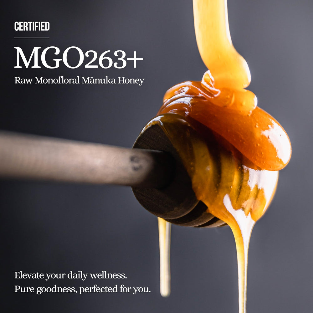 Manuka Emporium raw New Zealand Manuka honey packet, unpasteurized and GMO-free.