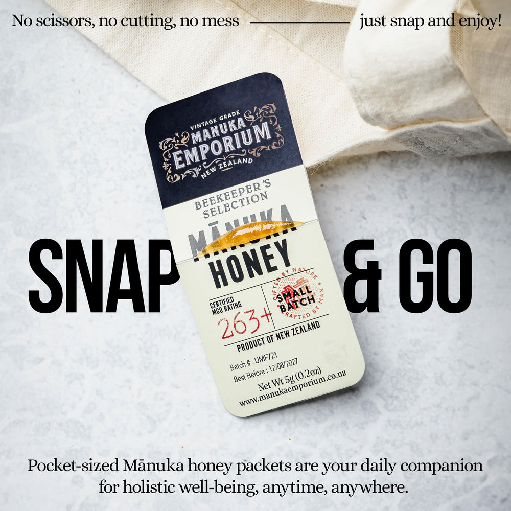 Manuka Emporium single-serve honey packets ideal for travel and lunchboxes.