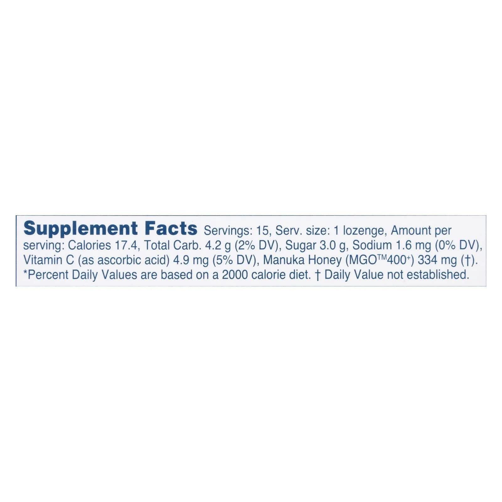 Manuka Health lozenges bottle closeup showing natural ingredients and fruity flavor