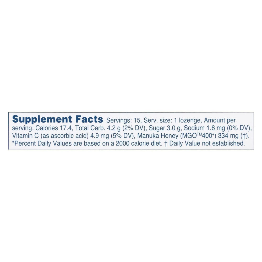 Manuka Health lozenges bottle closeup showing natural ingredients and fruity flavor