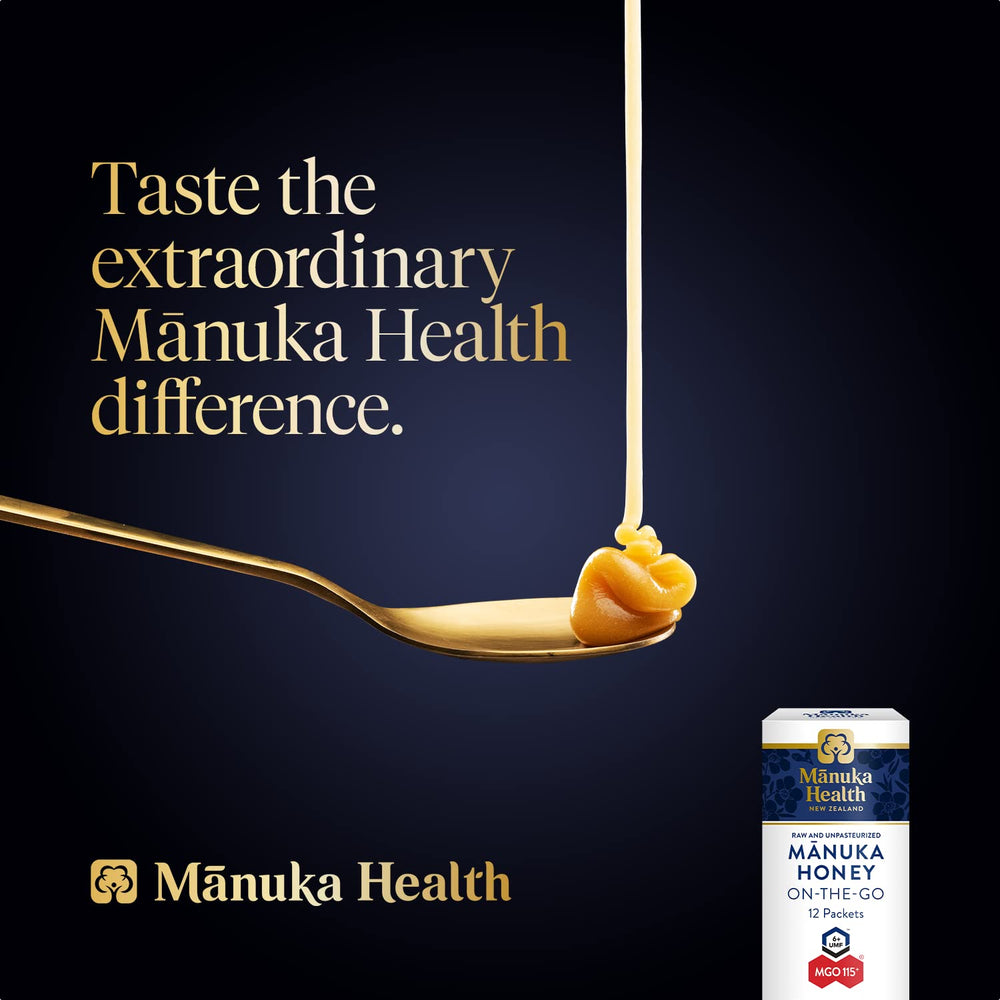 Manuka Health MGO 115+ packet highlights portable potency for everyday energy.