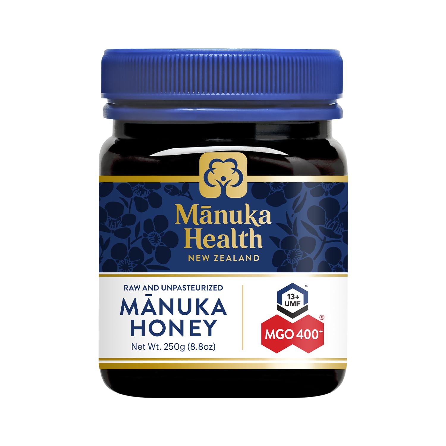 Manuka Health UMF 13+/MGO 400+ bottle pour shows smooth, spreadable honey.