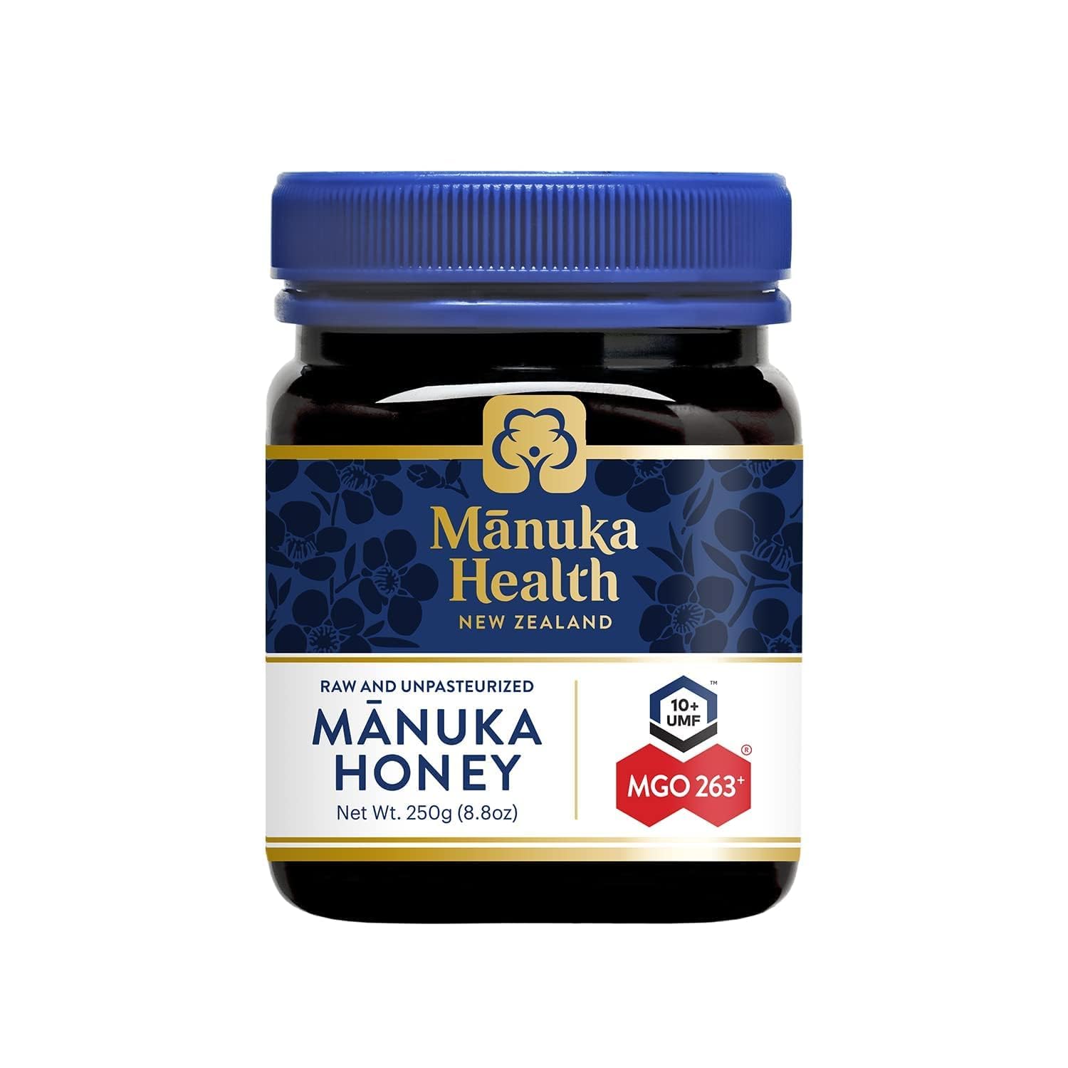 Manuka Health UMF 10+ MGO 263+ honey jar showing authentic New Zealand origin.