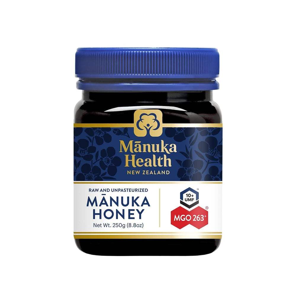 Manuka Health UMF 10+ MGO 263+ honey jar showing authentic New Zealand origin.