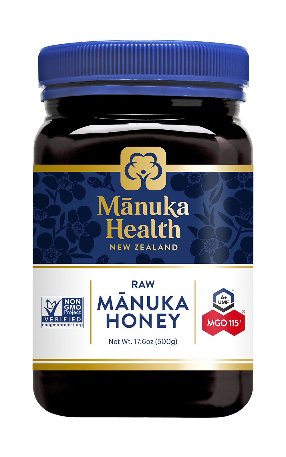 Manuka Health UMF 6+/MGO 115+ jar close-up shows premium, authentic NZ honey for daily consumption.