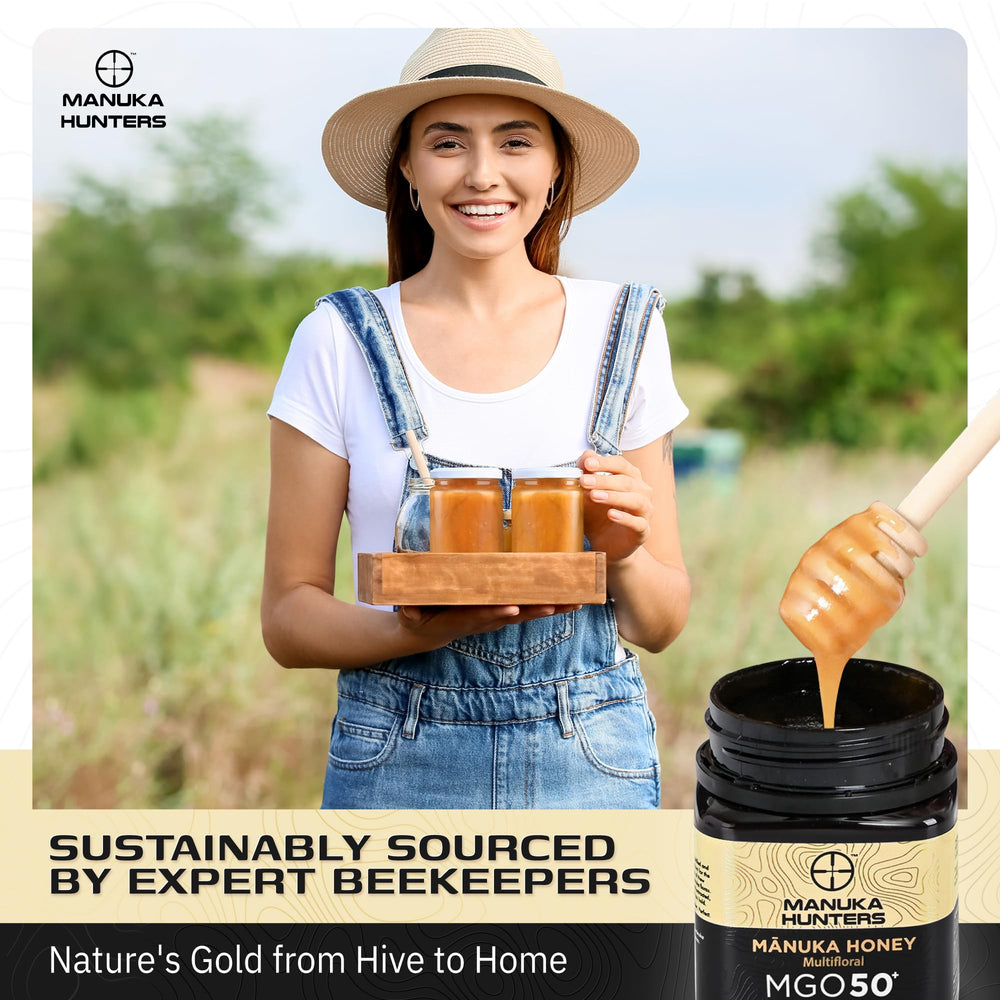 Pouring Manuka Hunters honey into tea for natural sweetness