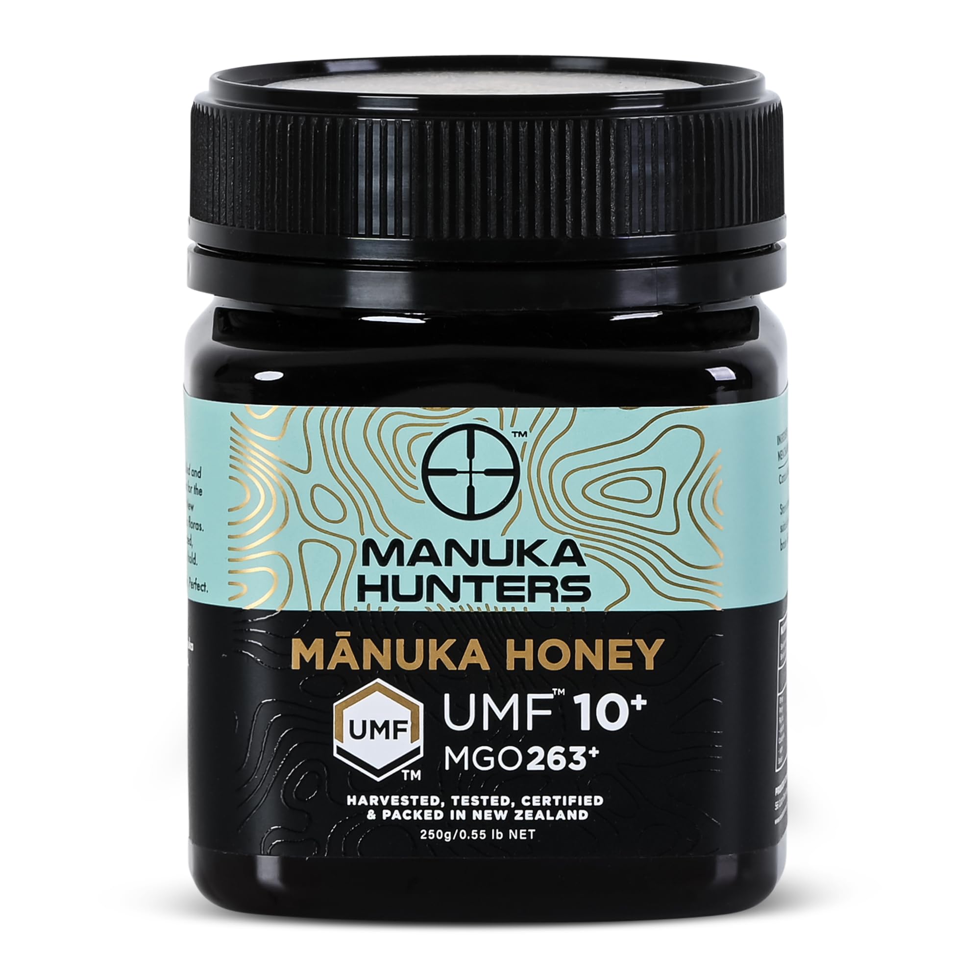 Manuka Hunters UMF10 bottle pour highlighting premium honey for drinks