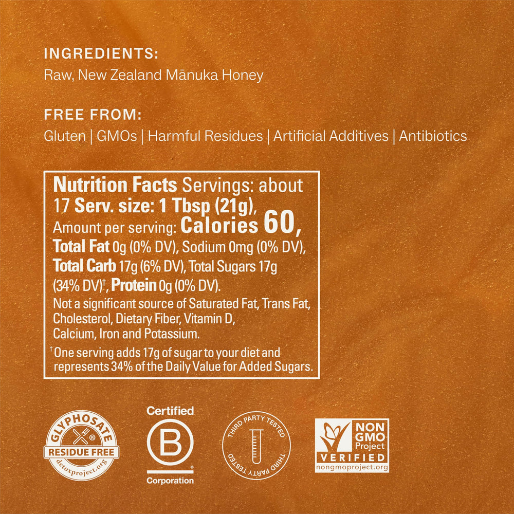 Golden drizzle of Manuka honey in the 360g bottle for everyday use.