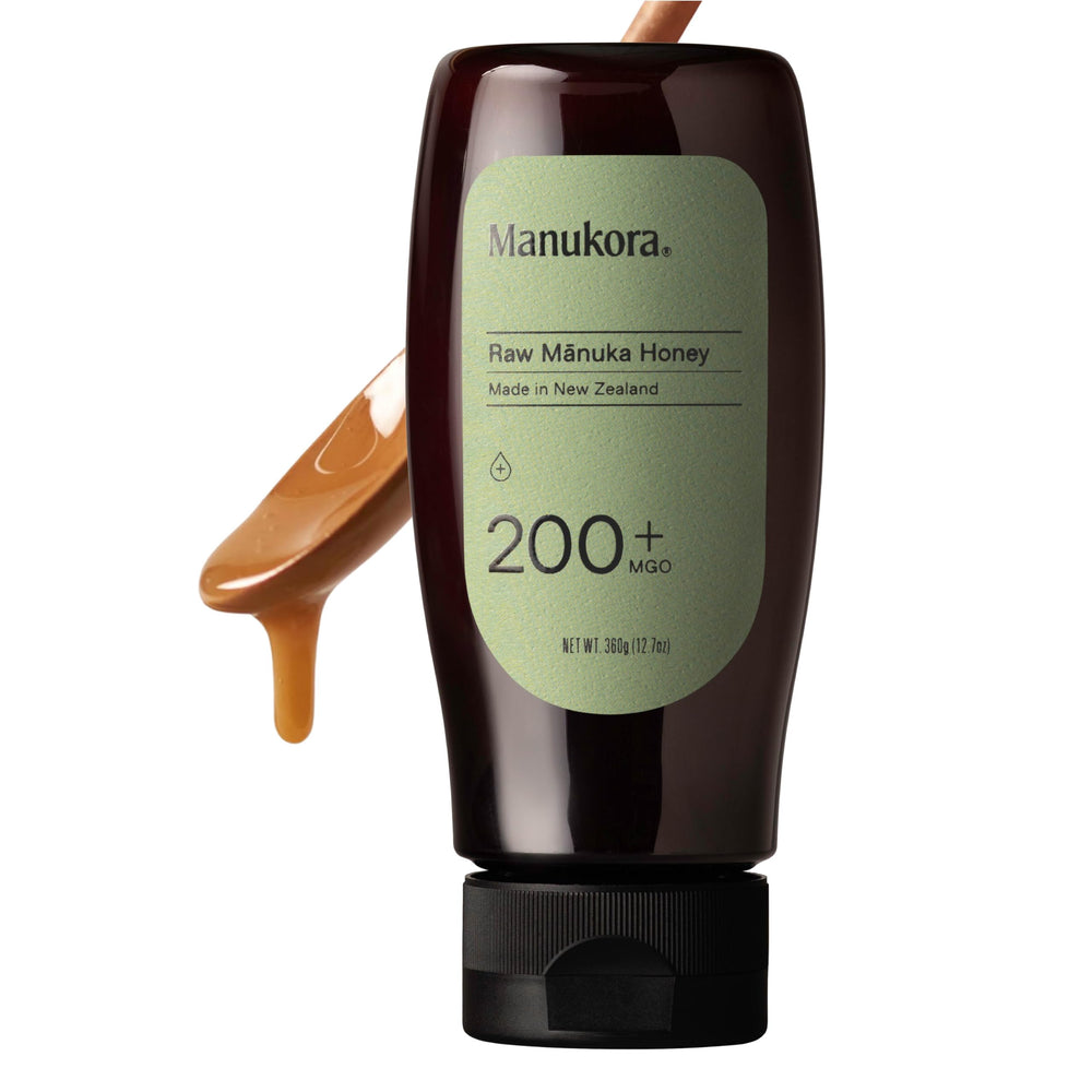 Manukora raw Manuka honey 200+ bottle showing traceability from hive to hand.
