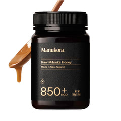 Manukora Raw Manuka Honey bottle showing high MGO 850+ for daily wellness.