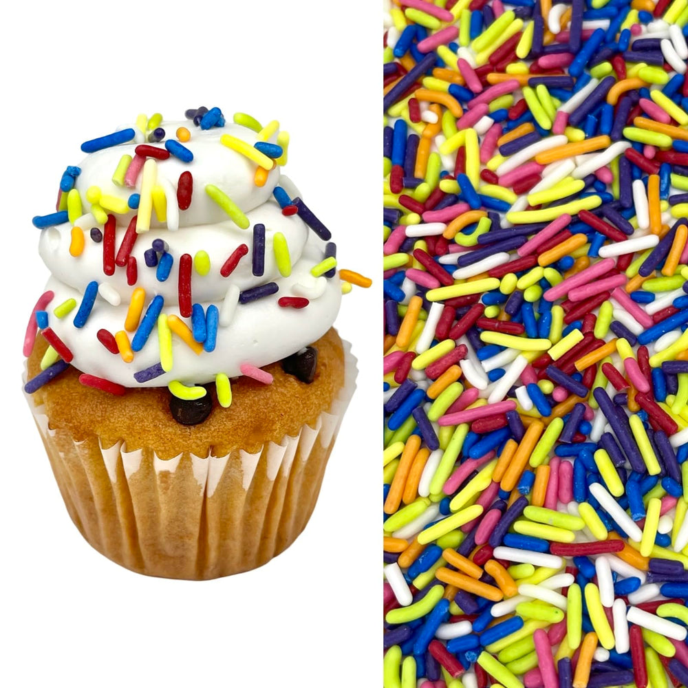 Manvscakes natural rainbow sprinkles on a three ounce jar for festive desserts
