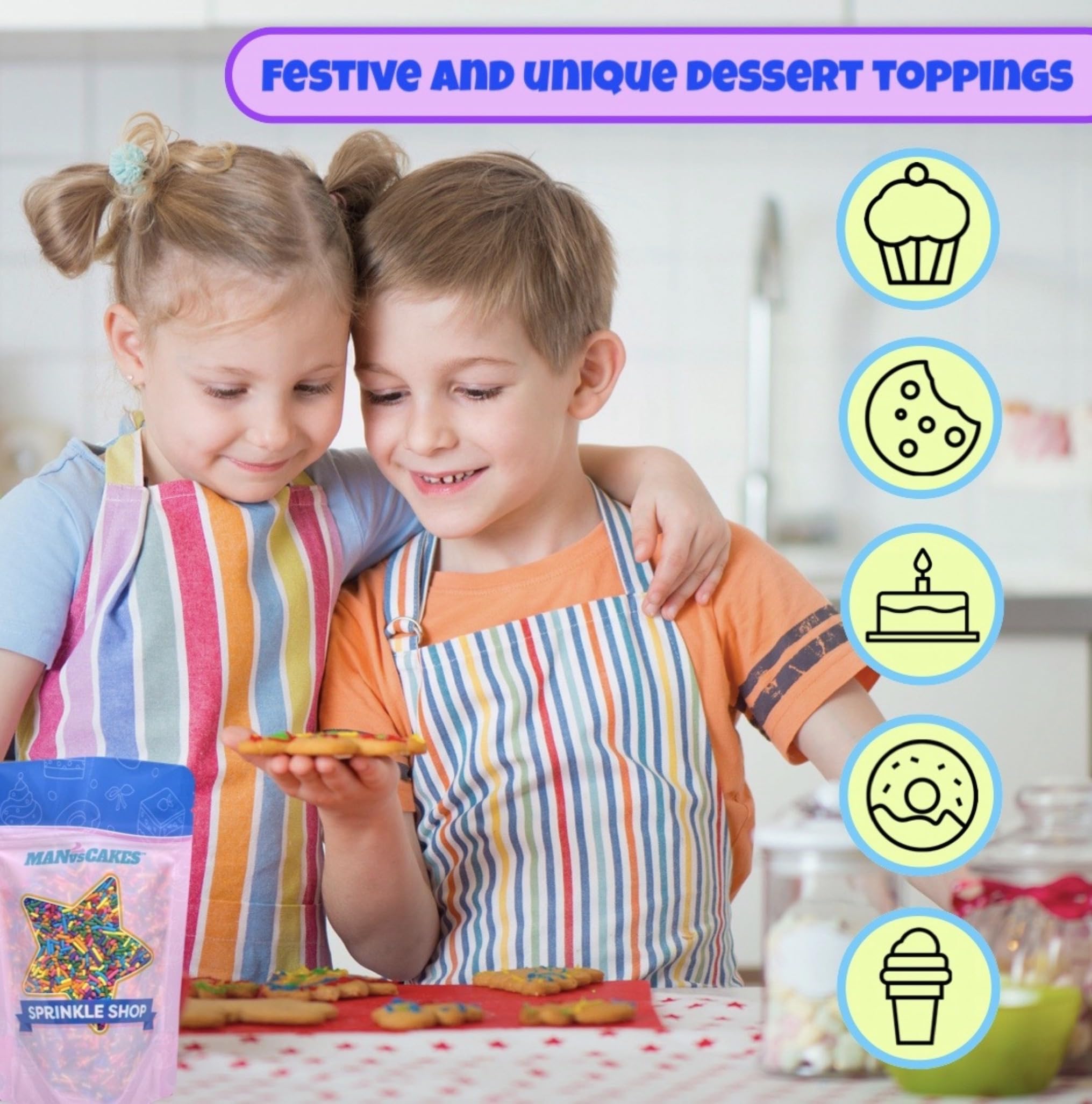 Manvscakes versatile sprinkles for cookies, cakes, and decorations.