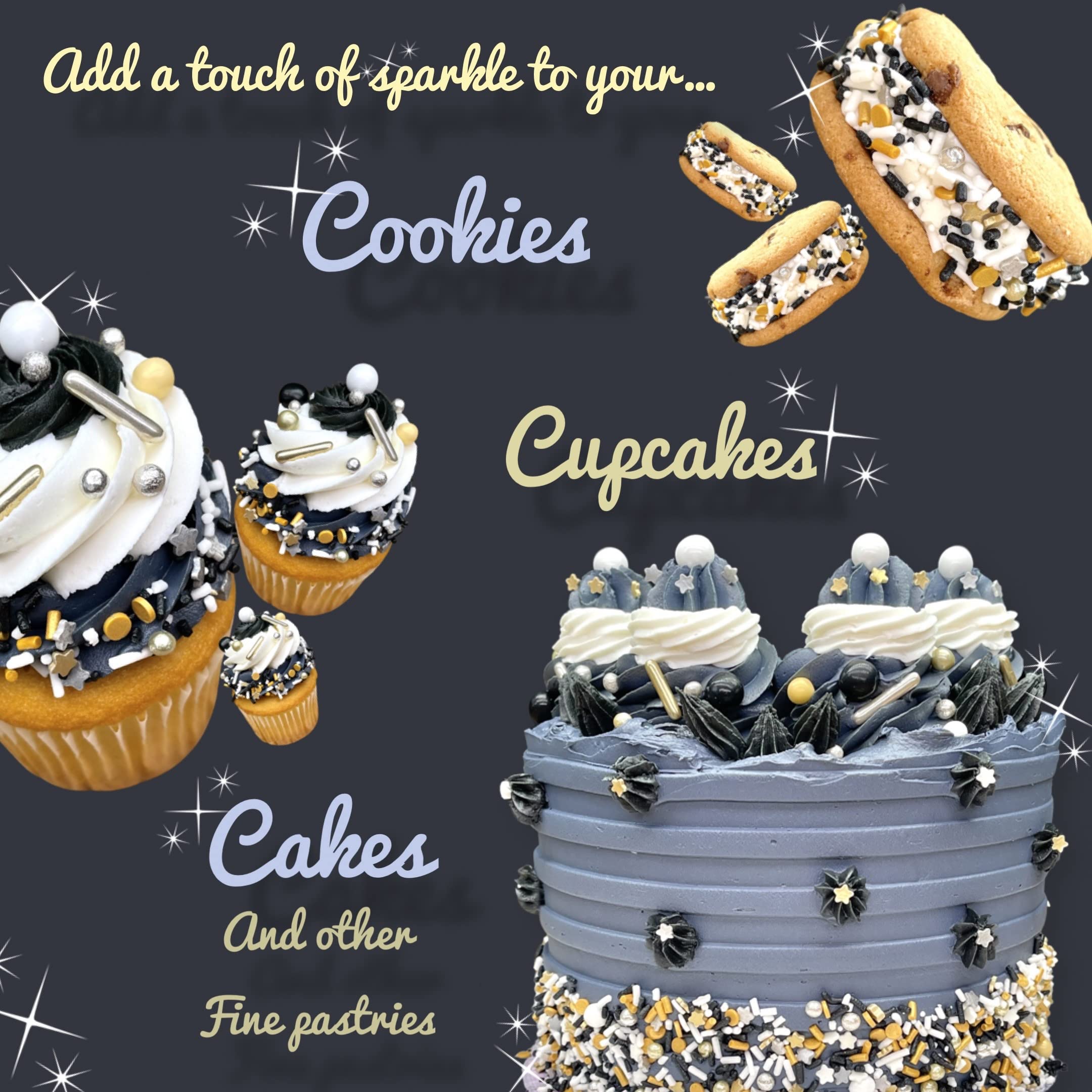 Manvscakes sprinkles give metallic shine to party desserts.