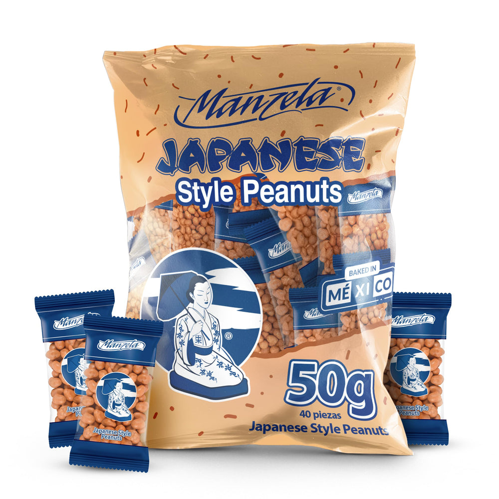 Manzela Japanese-style peanuts in a 50g pouch for on-the-go snacking.
