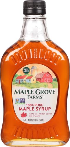 Close-up of Maple Grove Farms syrup pour, smooth drizzle