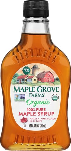 Maple Grove Farms Maple Syrup glass bottle close-up showing amber color.
