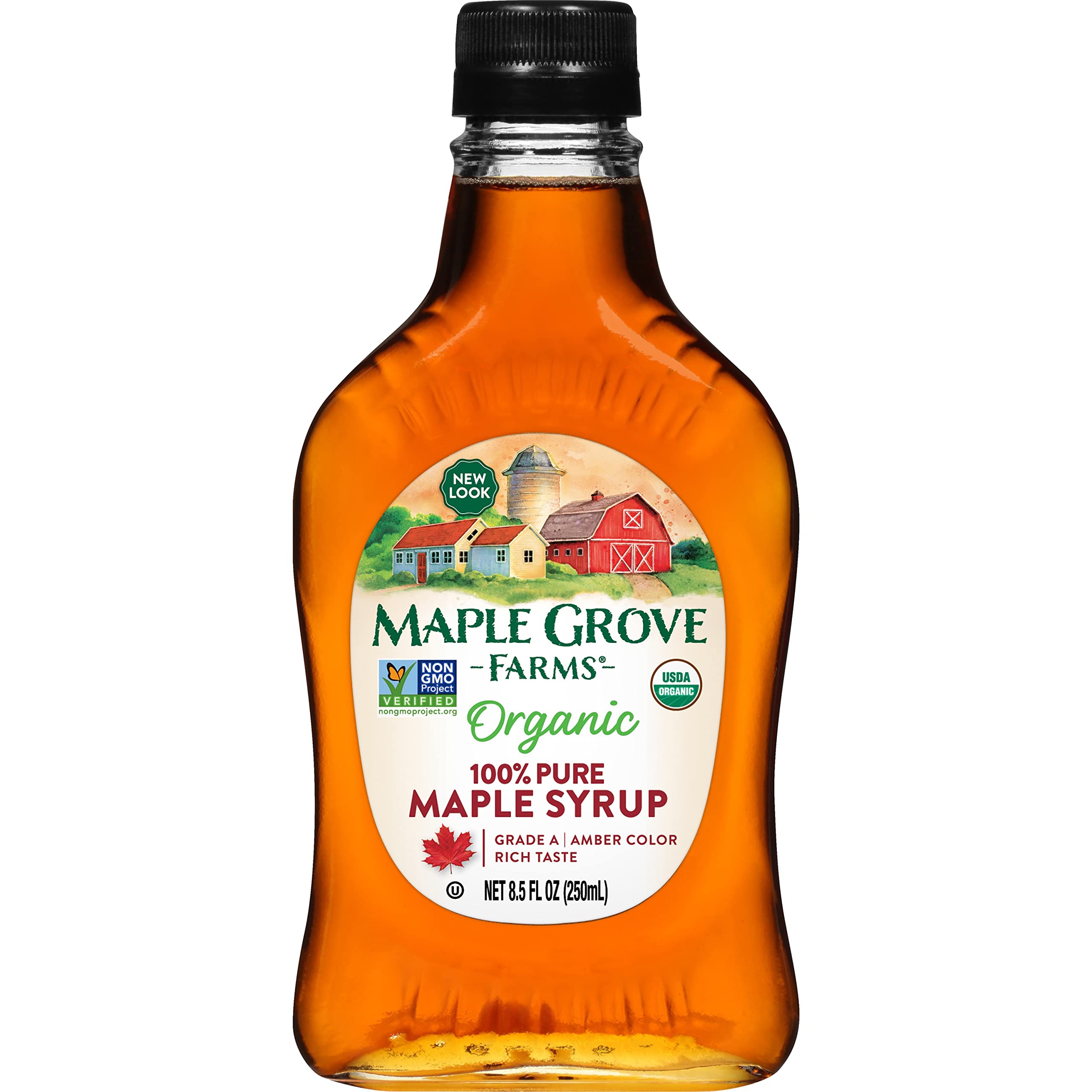 Maple Grove Farms Organic Pure Maple Syrup amber bottle pour shows rich flavor.