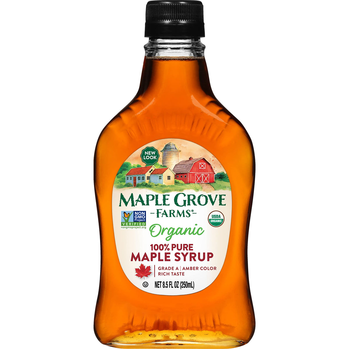 Maple Grove Farms Organic Pure Maple Syrup amber bottle pour shows rich flavor.