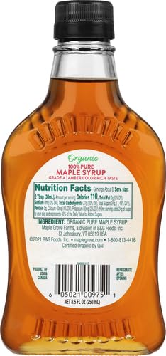 Maple Grove Farms Organic Syrup pouring over pancakes for breakfast.