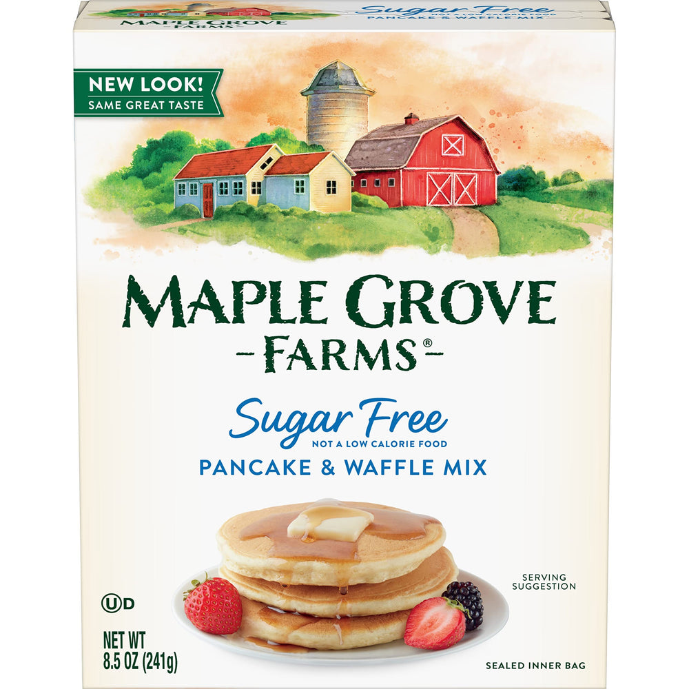 Maple Grove Farms pancake mix bag showcasing sugar-free formula for light breakfasts.
