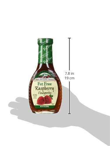Maple Grove Farms raspberry vinaigrette bottle close-up with color and freshness.