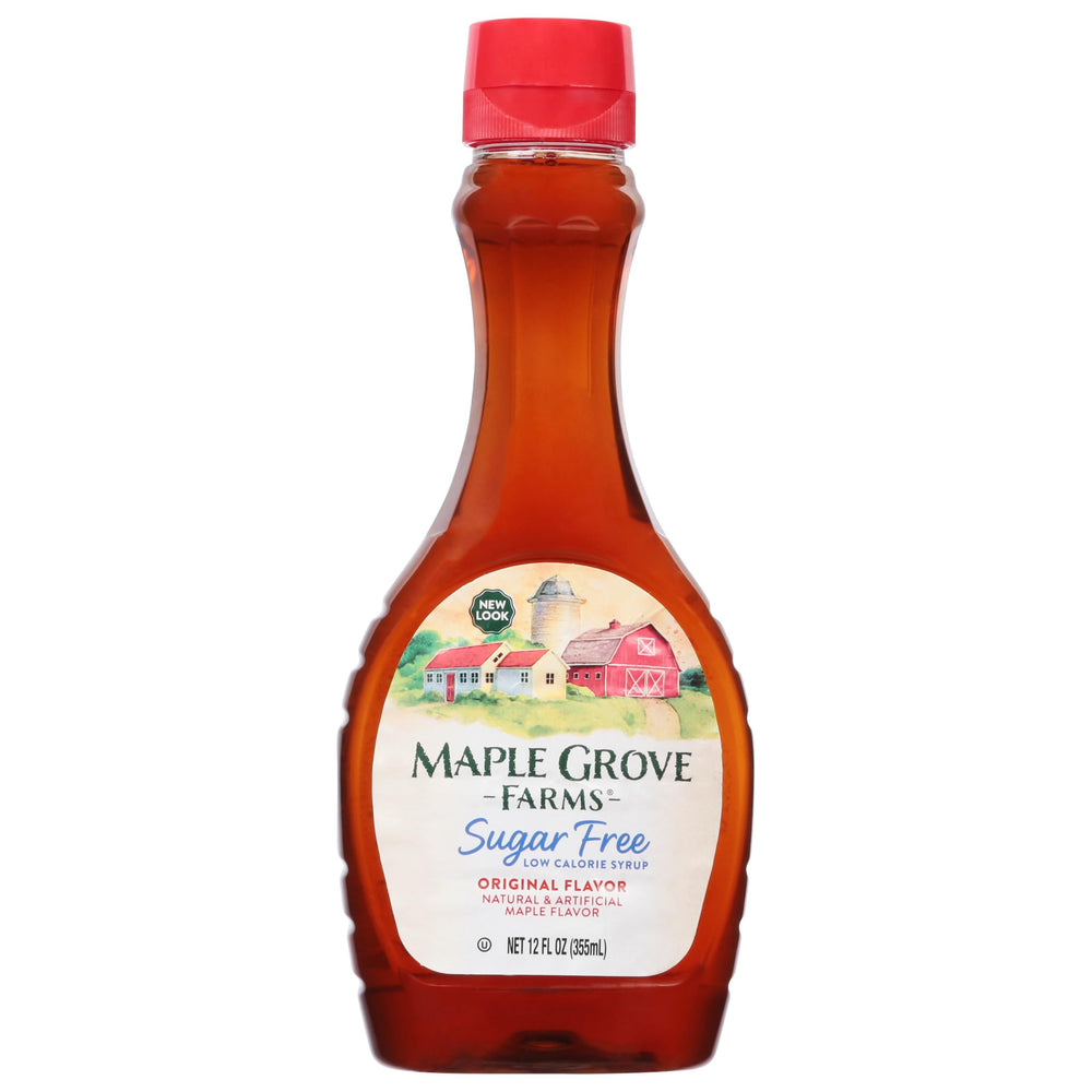 Maple Grove Farms sugar-free pancake syrup bottle offers rich maple flavor without sugar