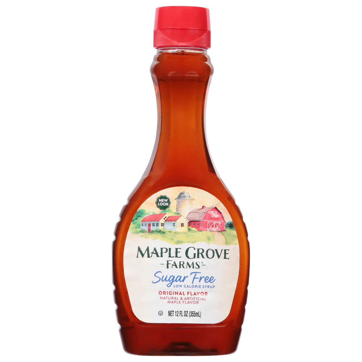 Maple Grove Farms sugar-free pancake syrup bottle offers rich maple flavor without sugar