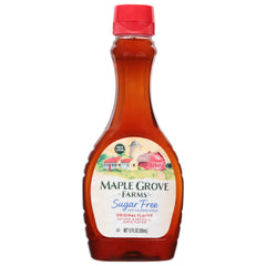 Maple Grove Farms sugar-free pancake syrup bottle offers rich maple flavor without sugar
