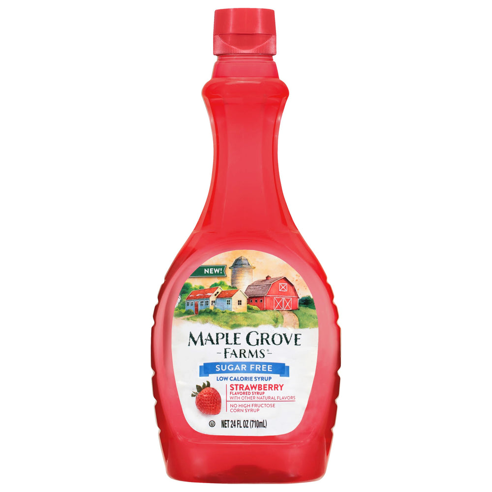 Maple Grove Farms sugar-free strawberry syrup bottle for breakfast flavor