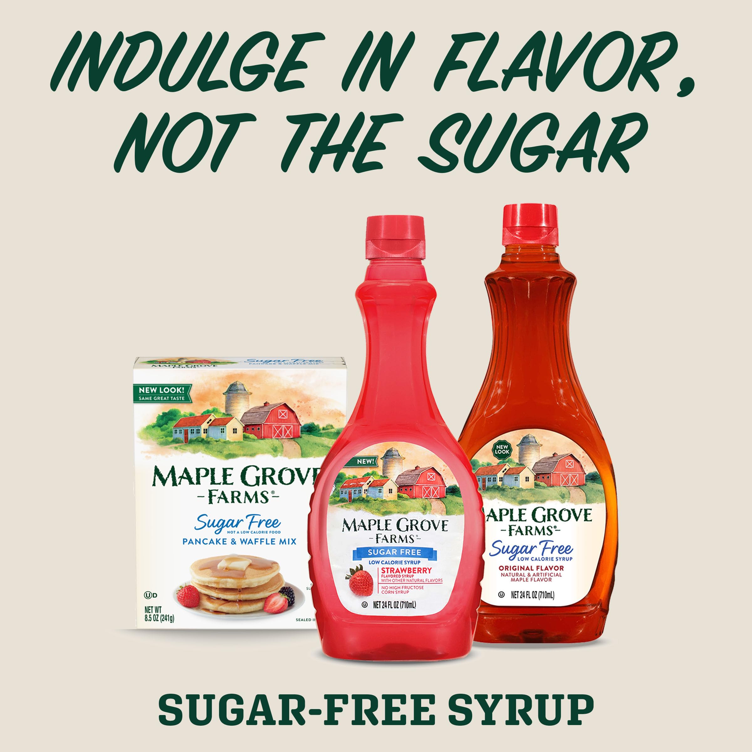 Close-up of Maple Grove Farms sugar-free strawberry syrup label