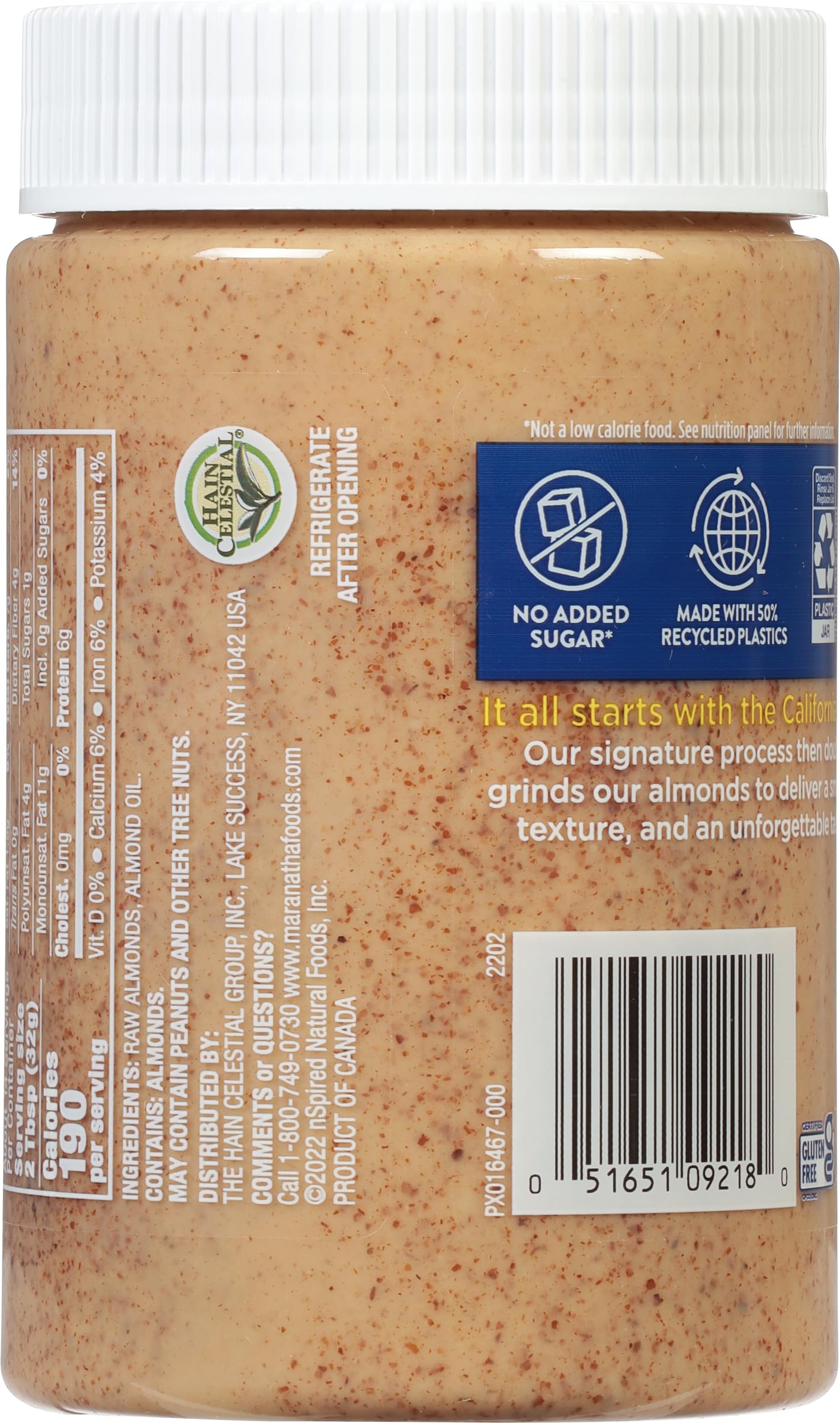 MaraNatha almond butter on a kitchen counter, gluten-free and dairy-free ingredient