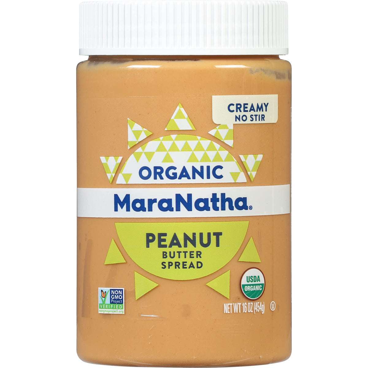 MaraNatha creamy peanut butter No Stir jar front shows easy, mess-free spreading.