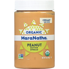 MaraNatha creamy peanut butter No Stir jar front shows easy, mess-free spreading.