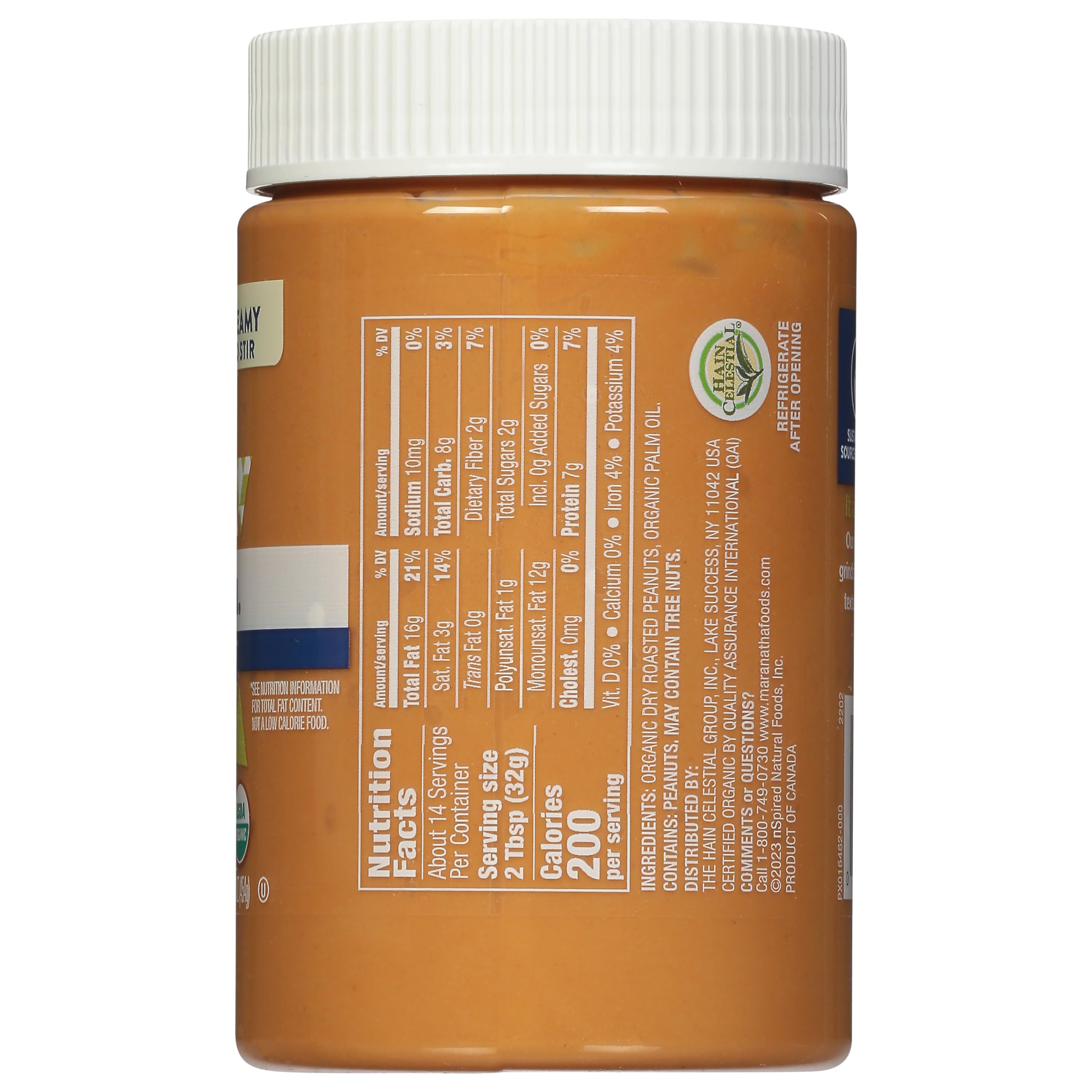 MaraNatha Organic Creamy Peanut Butter Spread label shows USDA Organic certification.