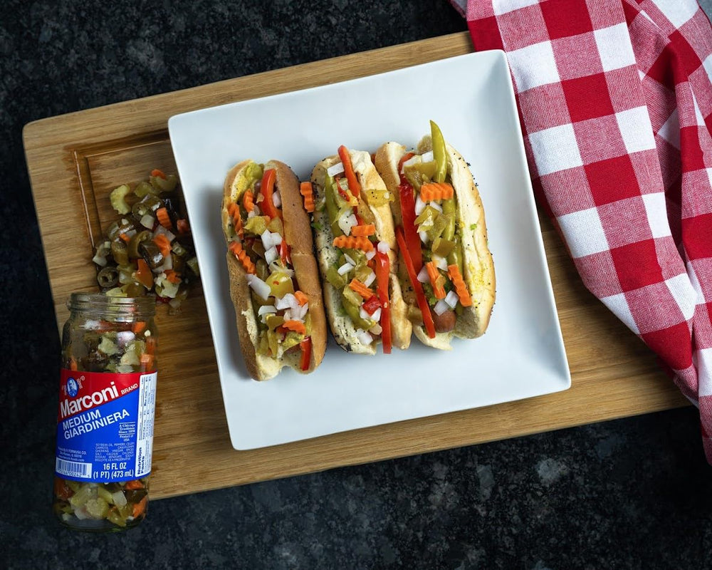 Marconi Chicago-style mix with peppers, close-up of vibrant heat.