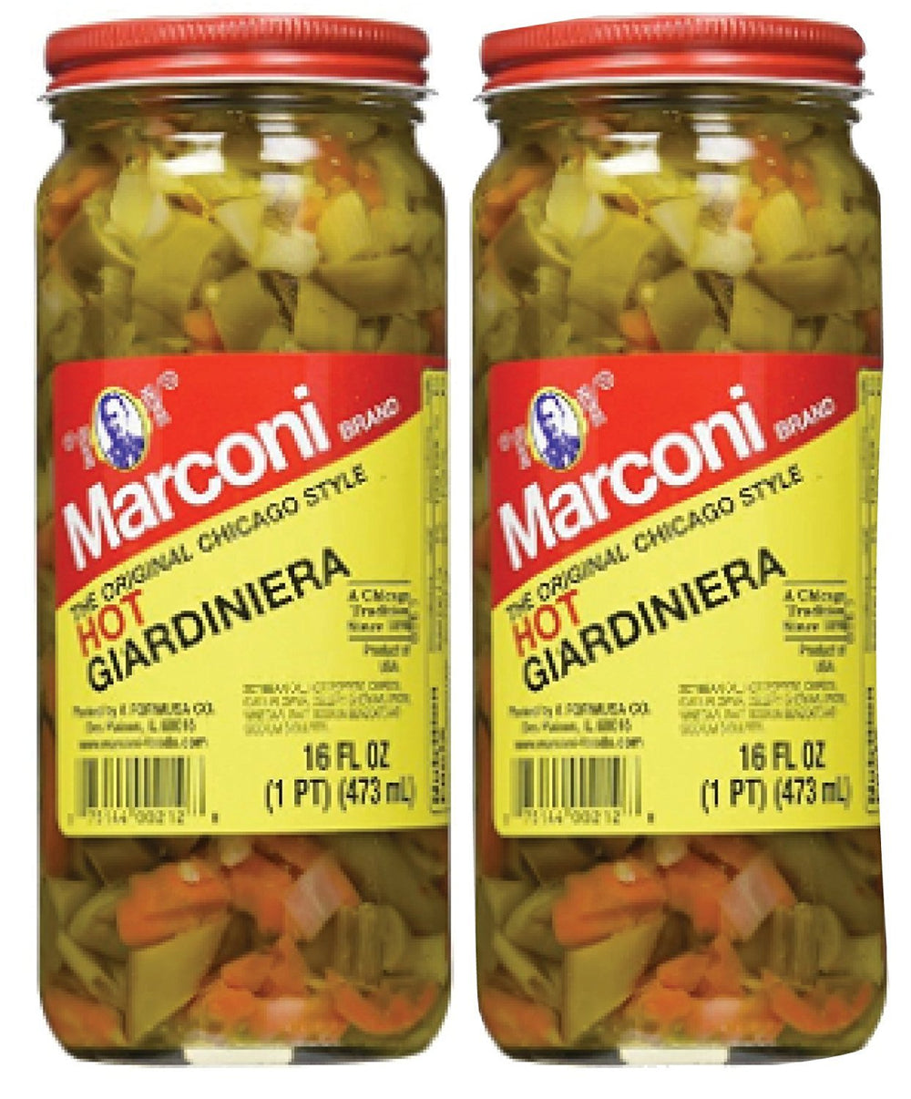 Marconi Hot Giardiniera bulk jar front view with crisp vegetables