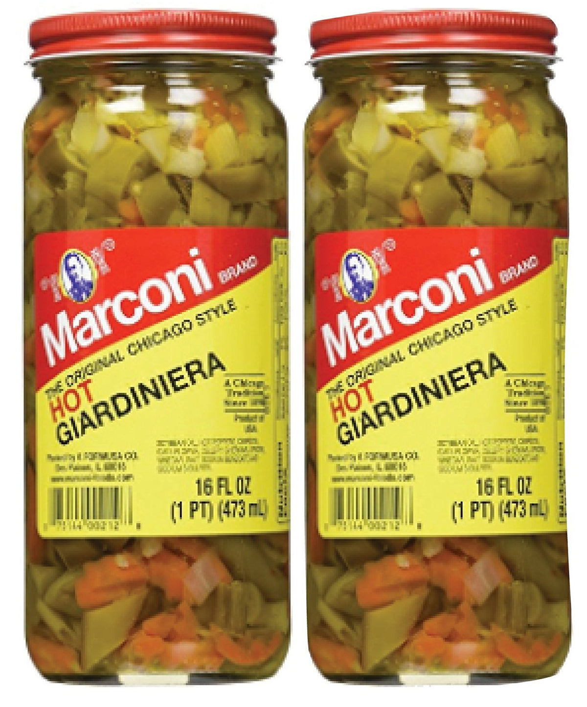 Marconi Hot Giardiniera bulk jar front view with crisp vegetables