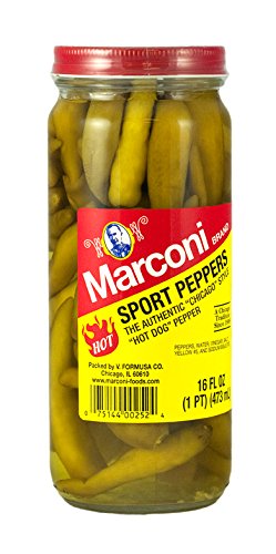Marconi Hot Sport Peppers 16 oz bottle front view, flavorful heat for hot dogs