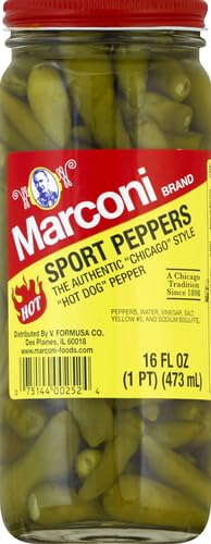 Marconi Hot Sport Peppers jar closeup with brine, ideal topping on pizza