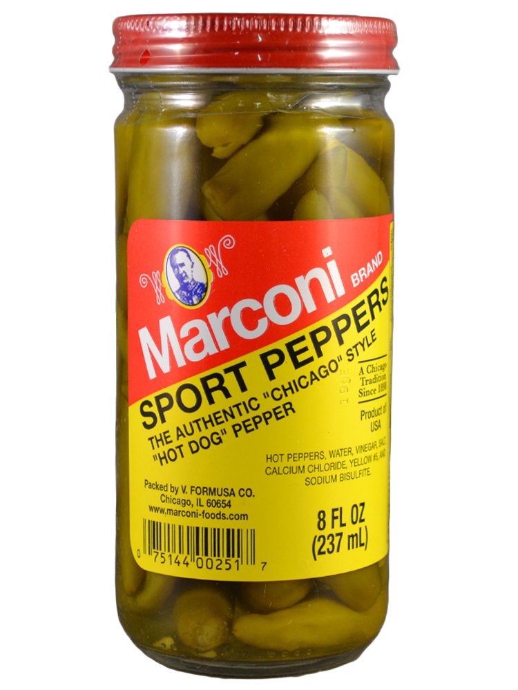 Marconi Pepper Hot Sport in a jar adds vibrant heat to hot dogs