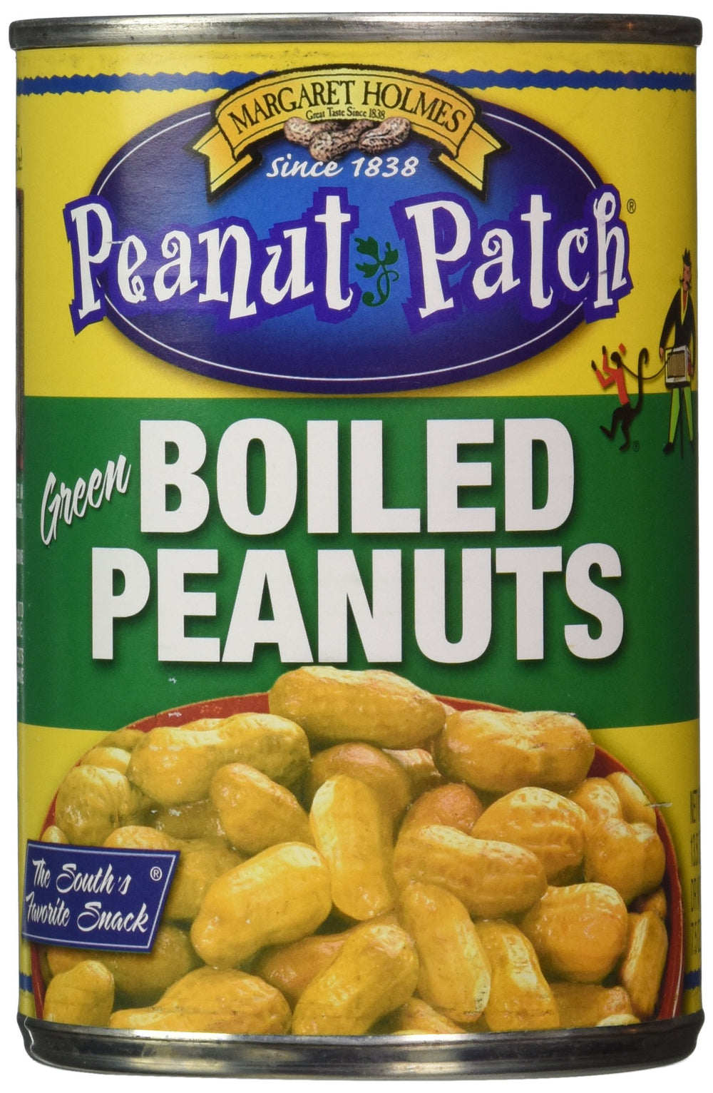 Margaret Holmes green boiled peanuts 13.5oz can on shelf for quick snacking