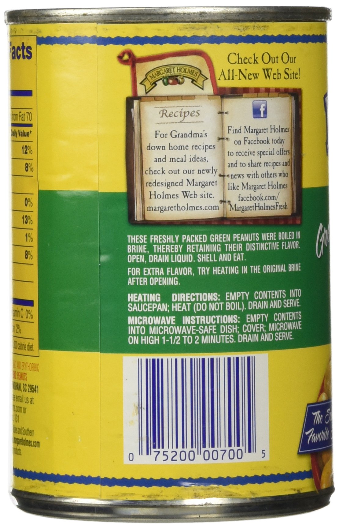 Close-up of Margaret Holmes green boiled peanuts can with label for flavorful snacking
