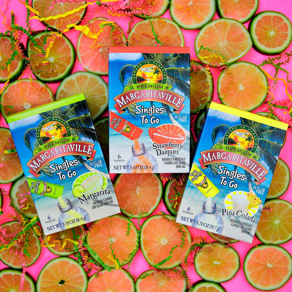 Cold Margarita-flavored drink served in a glass from Margaritaville Singles To Go.