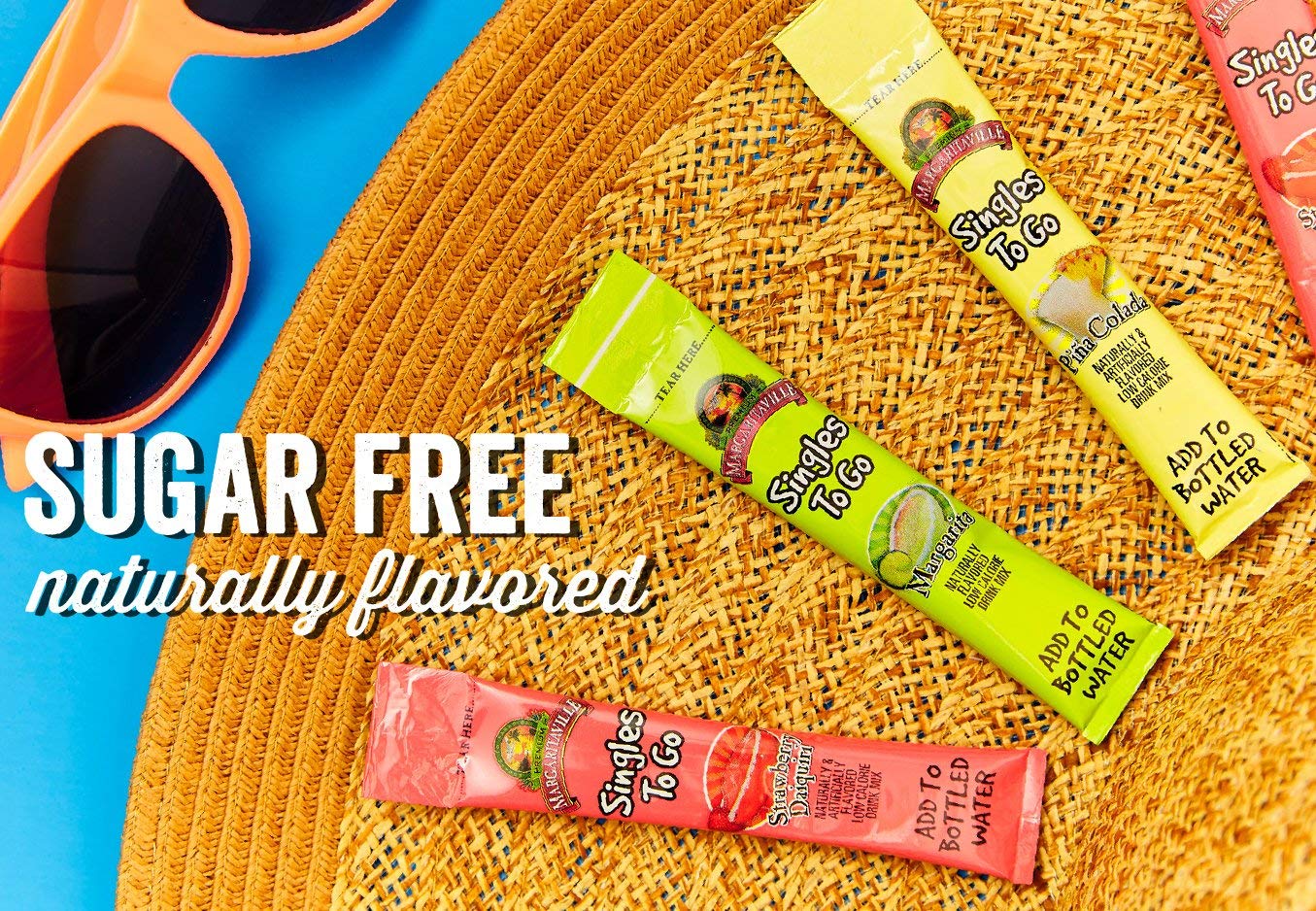 Margaritaville Singles To Go nutrition label highlights low calories and caffeine-free option.