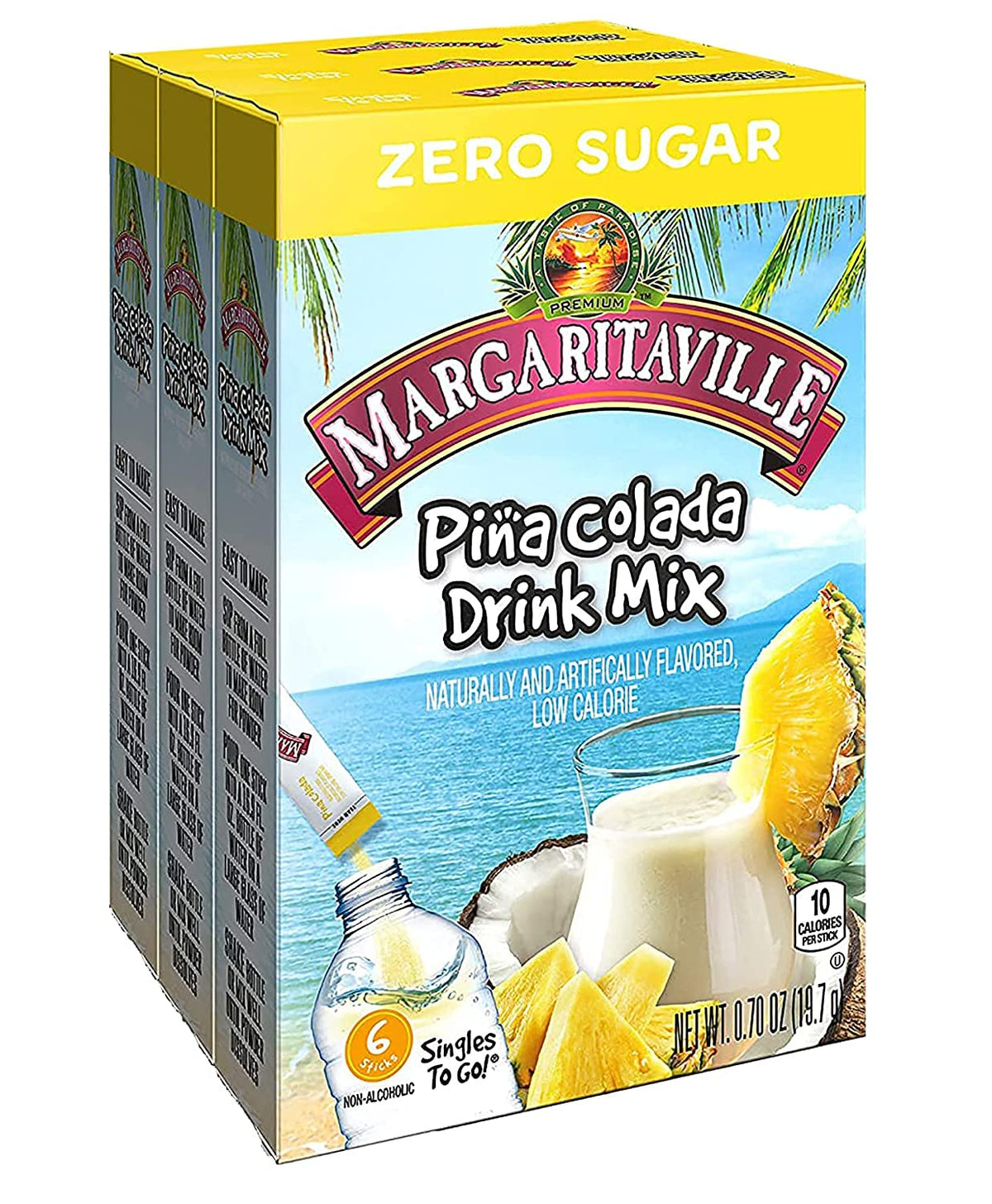 Margaritaville Singles To Go Pina Colada stick-pour for quick beach refreshment.