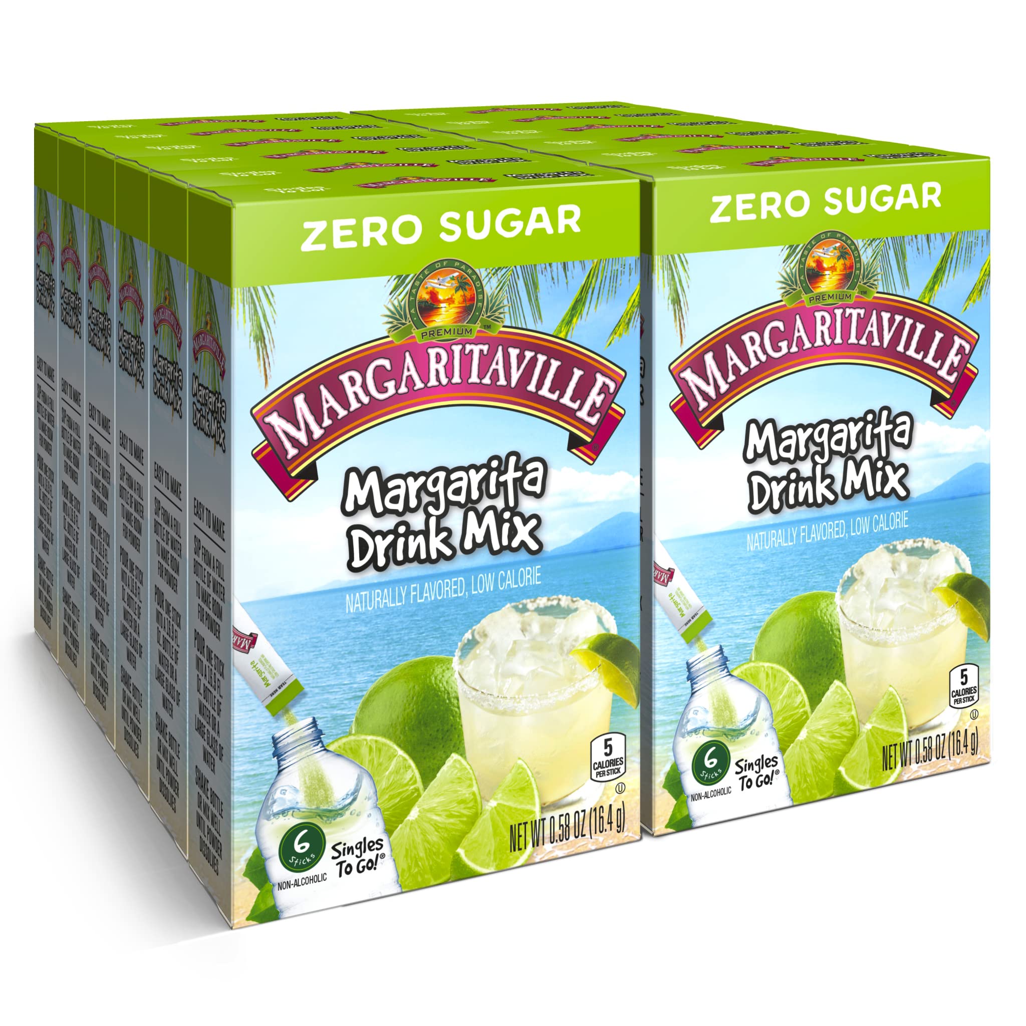 Margaritaville Singles To Go front box showing margarita flavor drink mix ready to make
