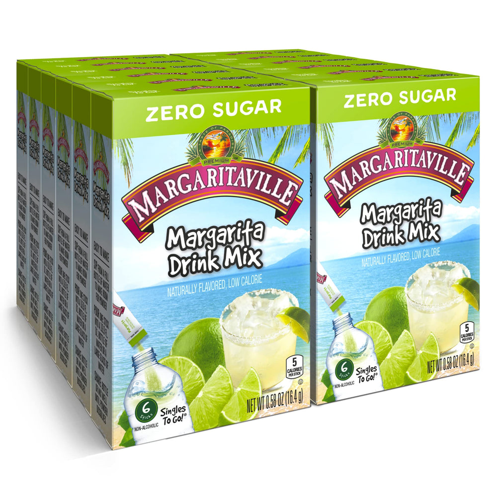 Margaritaville Singles To Go front box showing margarita flavor drink mix ready to make